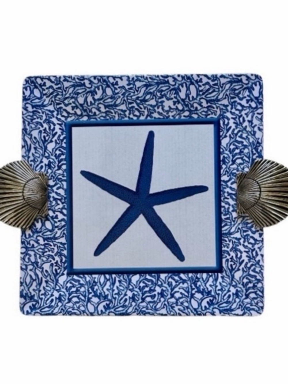 Mud Pie Blue and White Starfish Large Melamine Square Tray with Shell Handles